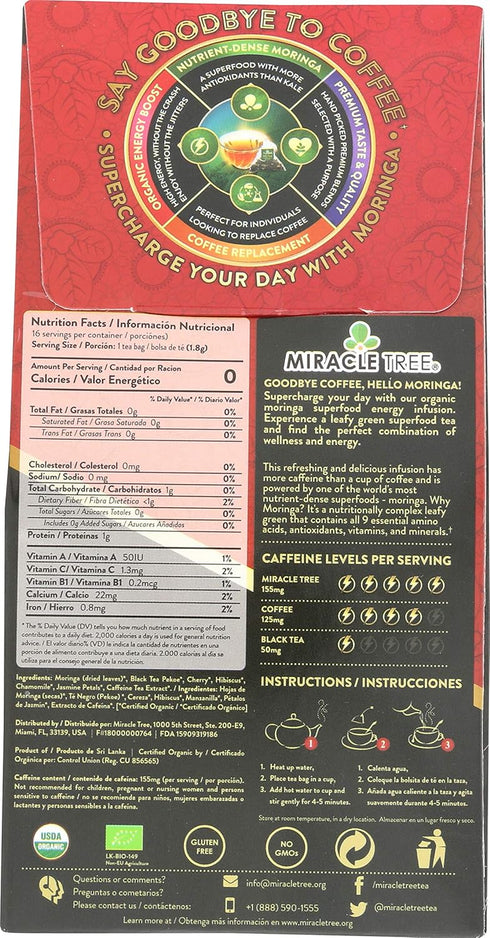 Miracle Tree's Moringa Energy Tea - Cherry Chamomile Tea | Super Caffeinated Blend | Healthy Coffee Alternative, Perfect for Focus | Organic Certi...