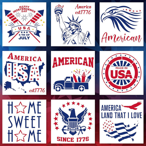 Hying 9PCS Patriotic 4th of July Stencils for Painting on Wood Wall, 7.9 x 7.9 Inch Reusable 4th of July Stencils, American Flag USA Patriotic Ste...