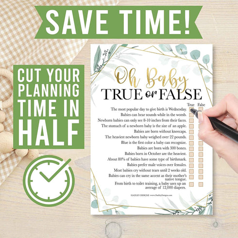 Hadley Designs Hilarious Baby Shower Games Set – 25 Double-Sided Cards for 25 Guests, 2 Games, Word Scramble Baby Shower Game, True or False, Gend...