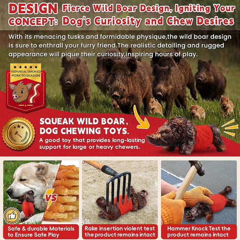 DBF Dog Chew Toys for Aggressive Chewers - Wild Boar Indestructible Dog Squeak Toy with Bacon Flavor, Durable Heavy Duty Dog Toys, Tough Nylon Dog...