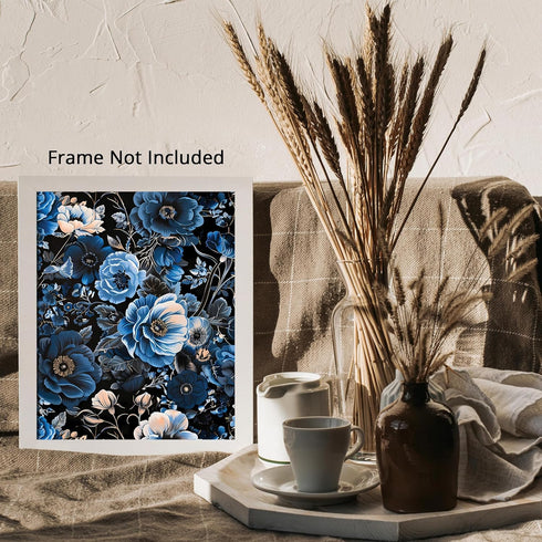 Posterizer 1 pcs-navy blue flowers with dark night sky background-Floral & Botanical Art-Abstract & Modern Art-Decor for Home & Office- UNFRAMED W...
