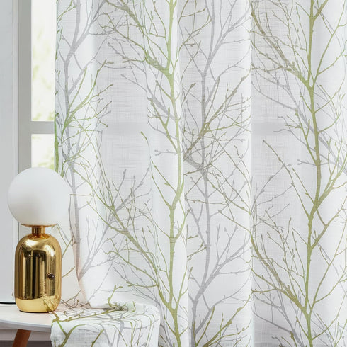 FMFUNCTEX Valance Curtain for Kitchen Bathroom Bedroom Green and Grey Branch Print on Linen Window Valances for Living Room Rod Pocket Window Trea...