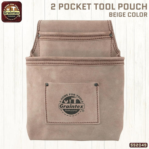 Graintex SS2049 2 Pocket Nail & Tool Pouch Beige Color Suede Leather for Constructors, Electricians, Plumbers, Handymen...