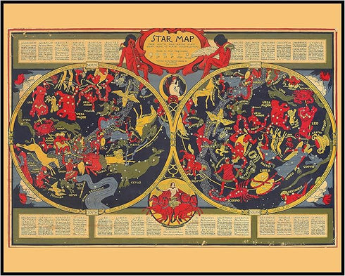 Posterizer 1 pcs-Ca. 1930 Vintage Star Map by Elizabeth Shurtleff-Astrology & Zodiac Art-Astronomy & Celestial Art-Gift for Steampunk and Astrolog...