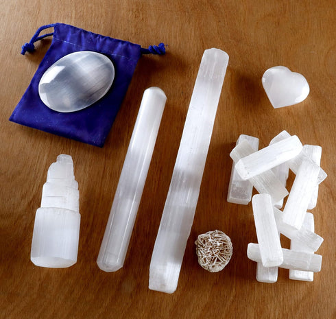 DANCING BEAR Selenite Protection Collection (22 pc Set): 12-15 Sticks (1.5-2”), Palm Stone, Heart, Tower, 8" Stick, 5.5" Massage Wand, and Desert ...