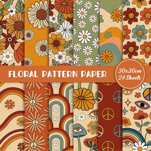 Whaline 12 Designs Retro Floral Pattern Paper 24 Sheet Hippie Groovy Boho Rainbow Scrapbook Double-Sided Craft Paper Folded Flat for Card Making S...