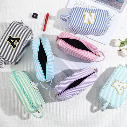 Makeup Bag for Women - Monogram Cute Initial Blue Makeup Bags Cosmetic Toiletry Pouch Make Up Case for Women Her Best Friend Friendship Sister Tea...