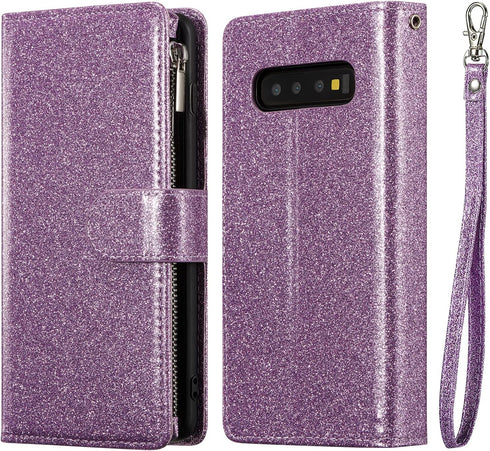 UEEBAI Wallet Case for Samsung Galaxy S10 Plus, PU Leather Wallet Magnetic Closure Handbag Zipper Pocket Cover Kickstand Card Slots with Hand Stra...