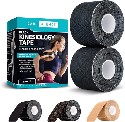 Care Science Waterproof Kinesiology Tape, 40 ct Precut Strips (2 Rolls), Black | Elastic Sports & Weightlifting Tape Supports Muscles & Joints. Wa...