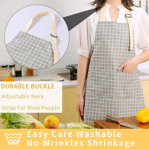 Tosewever 2 Pieces Kitchen Cooking Aprons, Waterproof Linen Adjustable Bib Aprons with 2 Pockets for Women Men Chef (Grey Stripes/Plaids, 2)...
