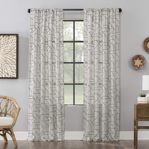 Archaeo Fragmented Geometric Embroidery Mid-Century Modern Natural Linen Blend Curtain, 50" x 63", Black/Linen...