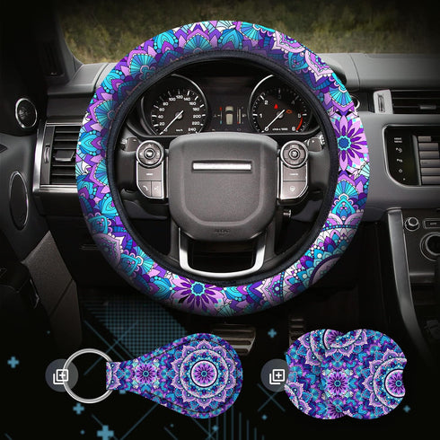 4 Pieces Mandala Purple Lotus Steering Wheel Cover Set with 2pcs Car Cup Coasters & Quarter Keyring, Cute and Fashionable Non-Slip Purple Steering...
