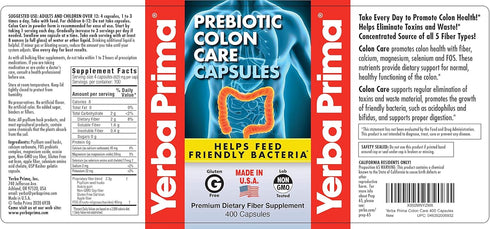 Yerba Prima Prebiotic Colon Care Capsules, 400 Caps - Five Forms of Fiber Plus FOS Pre-biotics - Dietary Health Supplement - Healthy Soluble & Ins...