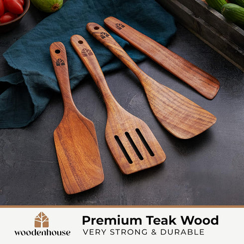 Wooden Spatula for Cooking, Teak Spatulas for Kitchen Use - Wooden Cooking Utensils Set of 4 including Paddle, Turner, Slotted Spurtle and Wood Sc...