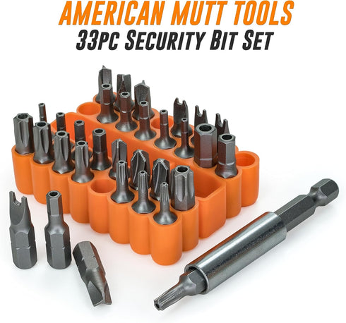 AMERICAN MUTT TOOLS 33pc Security Bit Set – Includes Security Torx, Metric and SAE Hex, Torq, Spanner Bit Set and Triwing – Security Torx Bit Set,...