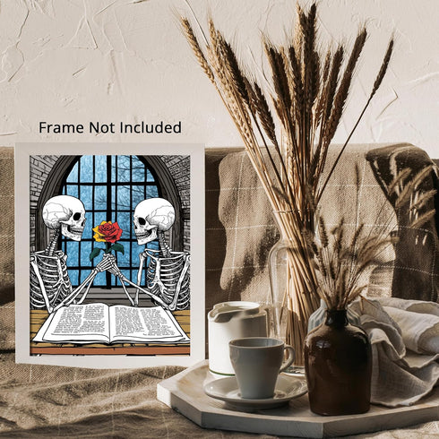 Posterizer 1 pcs-romantic skeletons sharing a flower and reading books 4-Gothic Art-Romantic Art-Living Room Bedroom Decor- unframed wall art...