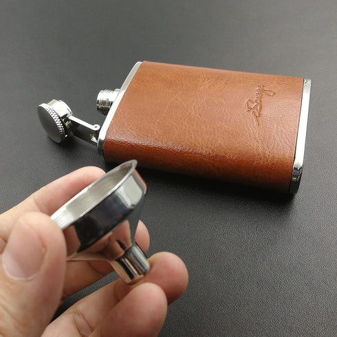 3oz Brown Red Leather Wrapped Hip Flask with a Funnel 18/8 Stainless Steel-YM102...