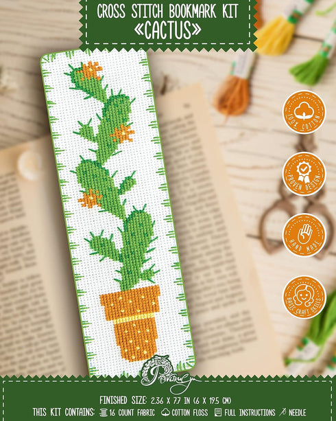 Povitrulya Counted Cross Stitch Kits for Adults or Kids “Cactus“ | Funny Hand Embroidery DIY Bookmark Kit...