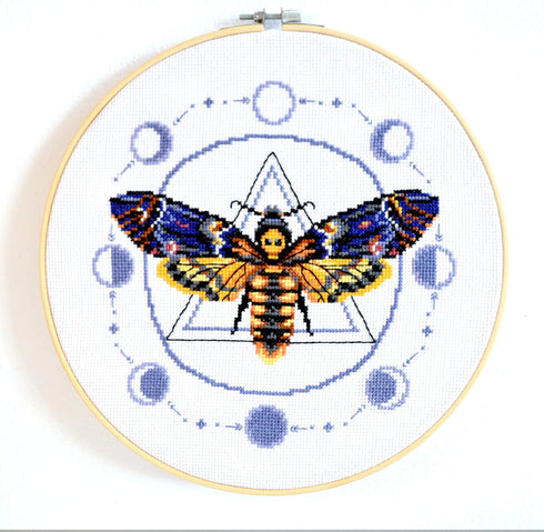 Povitrulya 'Death's-Head Hawkmoth' Embroidery Kit - Skull Moth Counted Cross Stitch Set for Adults with Pattern, Aida 14 Count Cloth and Pre-Sorte...