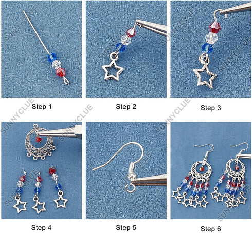 SUNNYCLUE 1 Box 412Pcs DIY 10 Pairs Independence Day Chandelier Charms 4th of July Earrings Kit Bohemian Style Beads Patriotic Charms USA Red Blue...