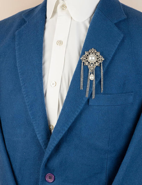 Knighthood Formal Silver Abstract Brooch With Pearl Engraving Hanging Tassel Chain Collar Pin Brooch, Suit Stud, Shirt Studs, Lapel Pin Accessorie...