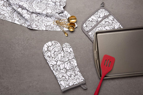 DII Quilted Kitchen Oven Mitt & Potholder Set, Hanging Loop for Convenient Storage, OM 6.5x12/PH 8x8.5, Gray Damask Print, 2 Piece...
