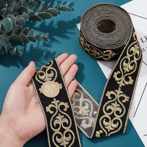 PH PandaHall 1.75 Inch Jacquard Ribbon, 4 Yards Hot Adhesive Floral Trim Black Gold Embroideried Lace Trim Woven Ribbon Fabric Trim Fringe for Sew...