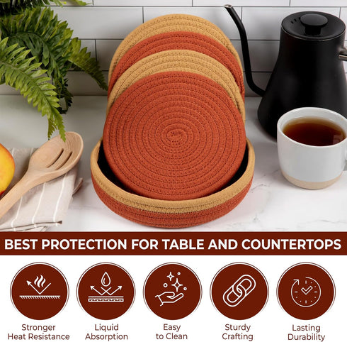 Trivets for Hot Dishes 100% Cotton Rope - 8" Trivets for Hot Pots and Pans Set of 5 Pcs w/ 9" Storage Basket | Pot Holders Heat Resistant | Hot Pa...