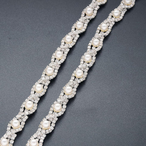 Jerler 1 Yard Pearl Rhinestone Trim, Inlaid Pearl Beaded Chain, Crystal Applique Ideal for DIY and Wedding Party Decoration Bridal Embellishments,...