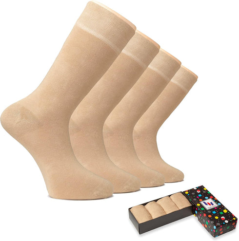 Hugh Ugoli Men's Bamboo Dress Socks for Business & Trouser, Thin & Seamless Crew Socks, 4 Pairs with Gift Box, Shoe Size 8-12...