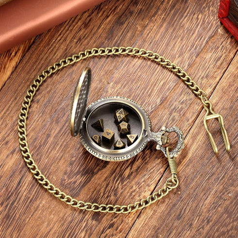 Mini DND Dice Set Steampunk Warlock Pocket Watch Shell Case, 7pcs Polyhedral Metal D&D Dice Set, DND Gifts with Gift Box for Gamer, Role Playing B...