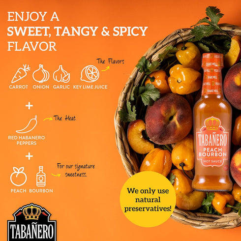 Peach Bourbon Habanero Hot Sauce by Tabañero, Gourmet Hot Sauce, All Natural, Gluten Free, Low Sodium, Vegan, Kosher, Made in the USA, 5 oz. Hot S...