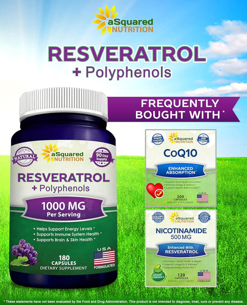 aSquared Nutrition Natural Resveratrol with Red Wine Extract - 180 Capsules - Trans Resveratrol Antioxidant Supplement Pills for Pure Heart Health...