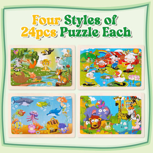 Wooden Puzzles for Toddlers Kids - 4 Packs 24PCS Animal Themed Wood Puzzle, Ocean Under The Sea Treasure Zoo Farm Preschool Educational Learning T...