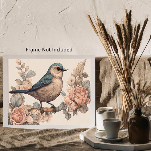 Posterizer 1 pcs- Blue and pink little bird on a tree with flowers-Art for Animal Lovers-Floral Botanical Art- Gift for Men Women Teens-Decor for...