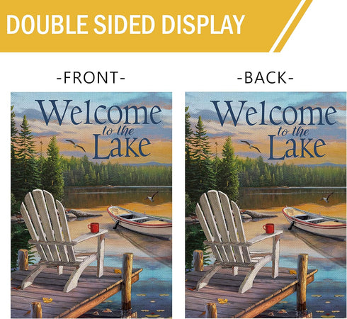 Summer Spring Welcome to the Lake Adirondack Chairs Small Decorative Garden Flag, Lakeside Boat Ocean Yard Outside Burlap Decoration Outdoor Decor...
