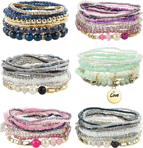 FIBO STEEL 6 Sets Bohemian Stackable Bead Bracelets for Women Stretch Multilayered Bracelet Set Multicolor Boho Jewelry...