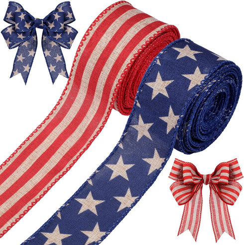 2 Rolls 20 Yard Red White and Blue Ribbon Patriotic Star and Striped Wired Ribbon Royal Blue USA Ribbon DIY Crafts for 4th of July, Independence D...