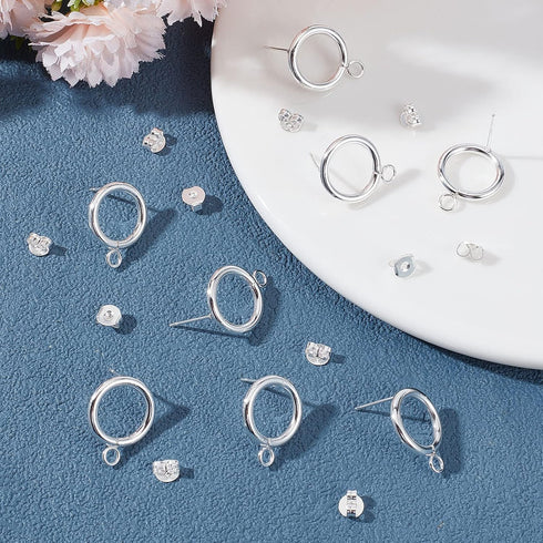 Beebeecraft 1 Box 20Pcs Circle Stud Earring Findings 925 Sterling Silver Plated Stainless Steel Hollow Round Circle Earring Posts with Loop and 20...