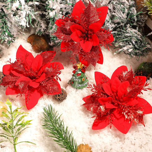 24 Pieces Poinsettia Christmas Decorations Glitter Poinsettia Flowers 5.5 Inch Poinsettias Artificial Christmas Flowers for Christmas Tree Ornamen...