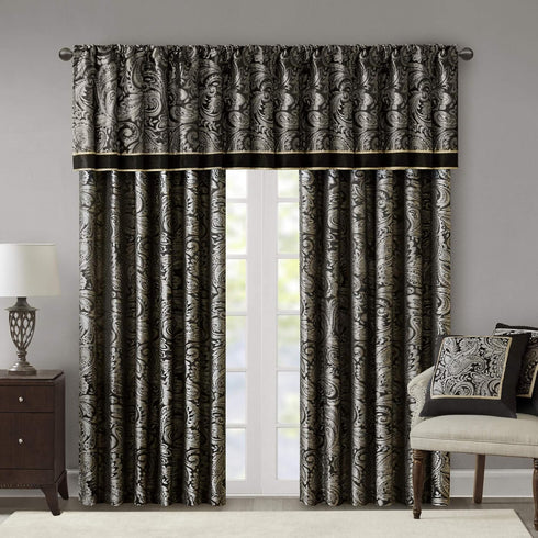 Madison Park Aubrey Jacquard Rod Pocket Valance , Classic Elegant Silk Paisley Valances for Windows , 50X18" , Black...