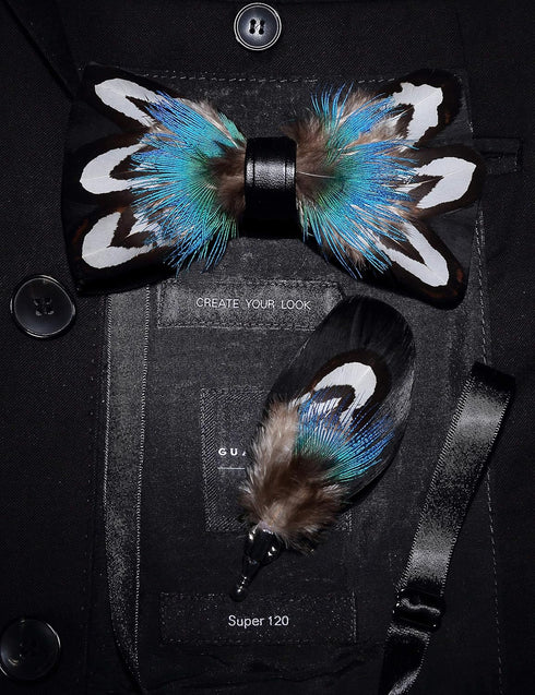 RBOCOTT Handmade Feather Pre-tied Bow tie and Brooch Sets for Men...