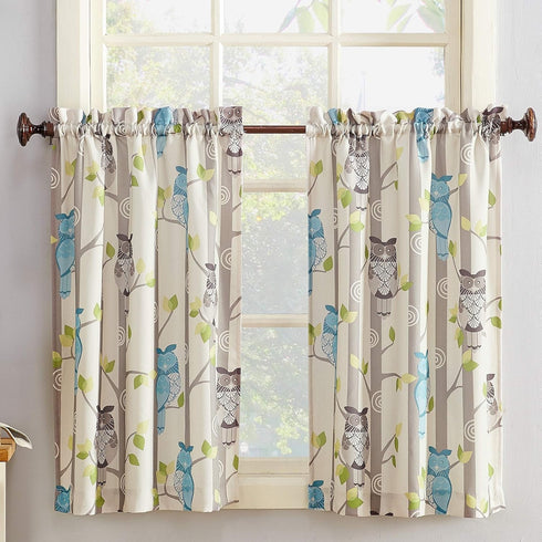 No. 918 Hoot Owl Print Semi-Sheer Rod Pocket Kitchen Curtain Tier Pair, 56" x 36", Mocha...
