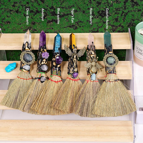 Natural Crystal Magic Sweeper Coloured Fluorite Tower Broom 7.08"-7.87" Healing Crystal Point Witch Altar Supplies for Crystal Therapy Cleaning Be...