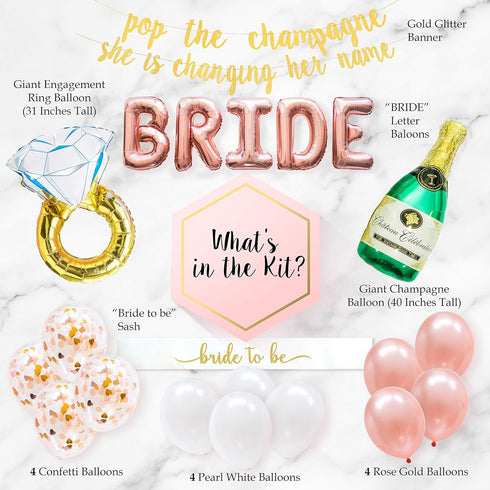 Bachelorette Party Decorations Kit | Bridal Shower Supplies | Bride to Be Sash, Ring Foil, Rose Balloons, Glitter Banner | Pop The Champagne She i...