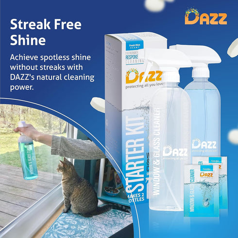DAZZ Whole House Starter Kit (3 Reusable Spray Bottles, 6 Refills) Natural All Purpose Cleaner, Glass and Window Cleaner, and Bathroom Cleaner - E...