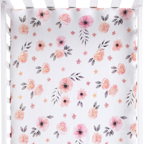 Pink Floral Girl Crib Sheet - 100% Finely Combed Cotton, Breathable, Super Soft Watercolor Rose Baby Girl Crib Sheets, 52' x 28' x 9' Fits Standar...