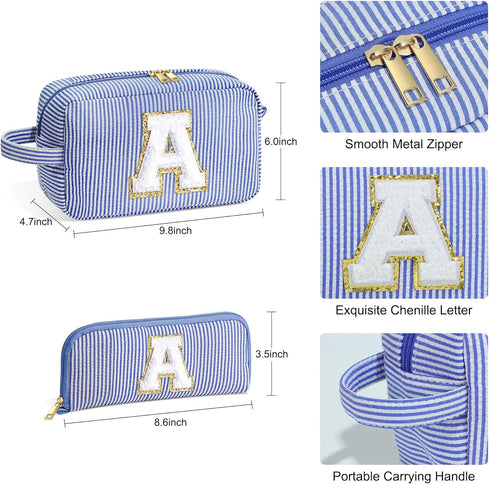 Makeup Bag for Women - Monogram Cute Initial Blue Makeup Bag Cosmetic Toiletry Pouch Make Up Case for Women Her Best Friend Friendship Sister Teac...