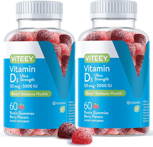 Vitamin D3 Gummies for Adults & Teens - 5,000 IU, 125mcg, Ultra Strength - Joint & Muscle Health, Immune Boost - Chewable Vitamin D Gummies - Vege...