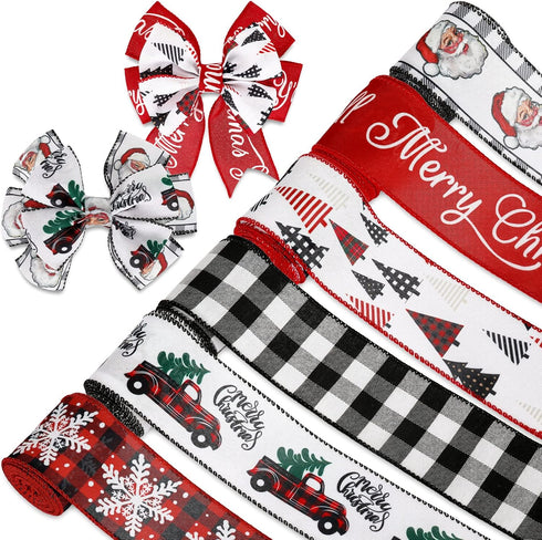 36 Yards Christmas Wired Edge Ribbon 2.5 Inch Farmhouse Craft Ribbon Santa Xmas Tree Truck Snowflake Buffalo Plaids Fabric Ribbon for Gift Wrappin...